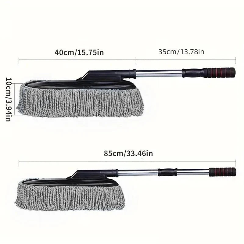 Microfiber car brush size guide – 15.75in head, 13.78in collapsed, 33.46in fully extended telescopic handle - Dustify